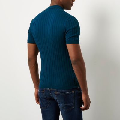 Navy blue muscle fit ribbed polo shirt